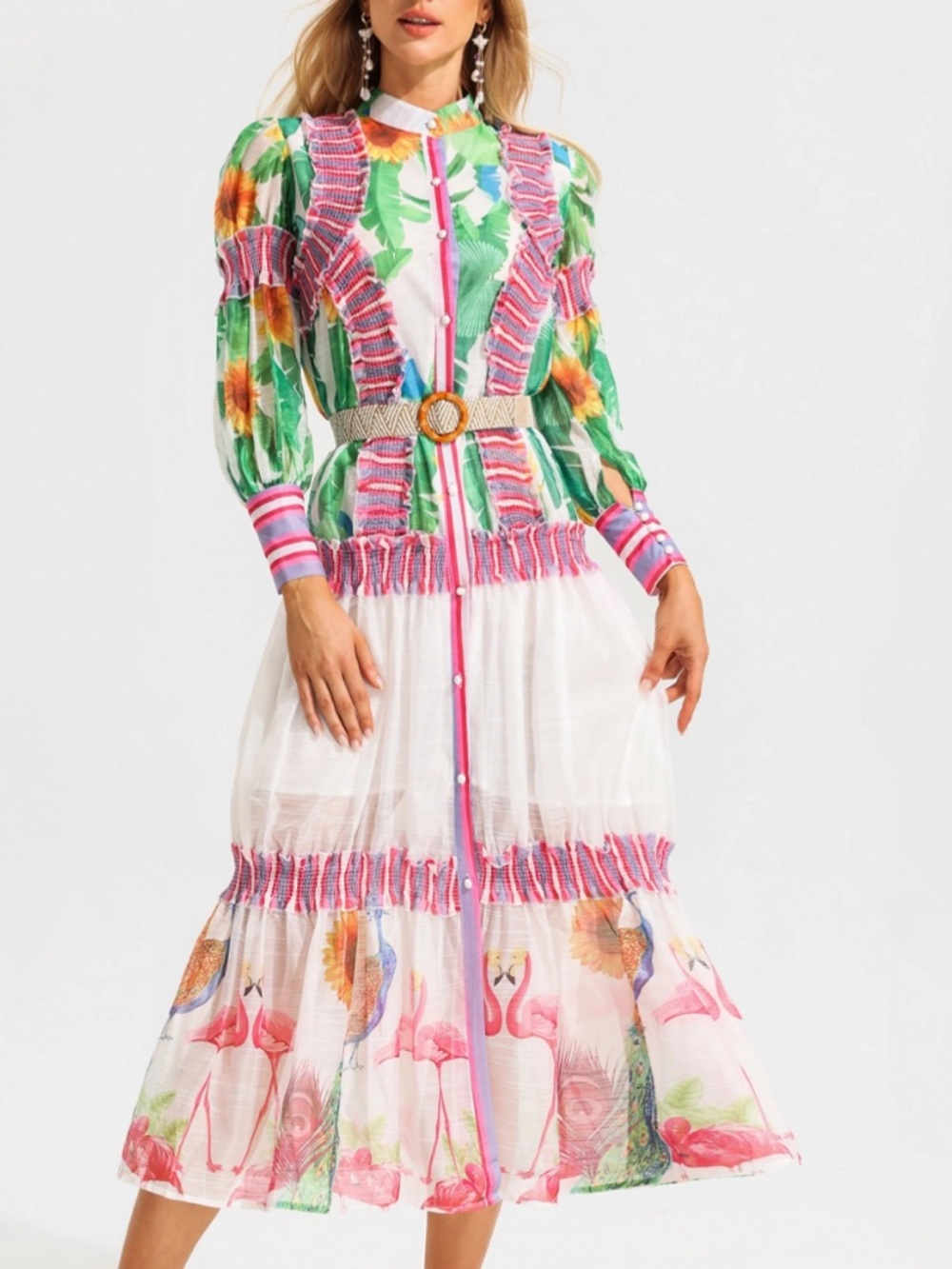 JardinVue floral la lantern sleeve stand collar belted ruffle maxi dress. NWT